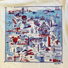 Load image into Gallery viewer, A cream-colored t-shirt featuring a detailed illustrated map of San Francisco in red and blue ink, with the text 'MAKE LOVE, NOT WAR' and 'Scenic Drive' printed on it.