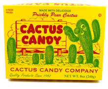 Load image into Gallery viewer, Box of Cactus Candy from the Cactus Candy Company with illustrations of cacti on a yellow background.

