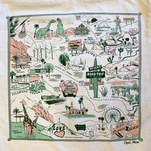 Load image into Gallery viewer, Opal Atlas desert road trip T-shirt with illustrated Mojave and Colorado Desert landmarks, plants, and roadside attractions.
